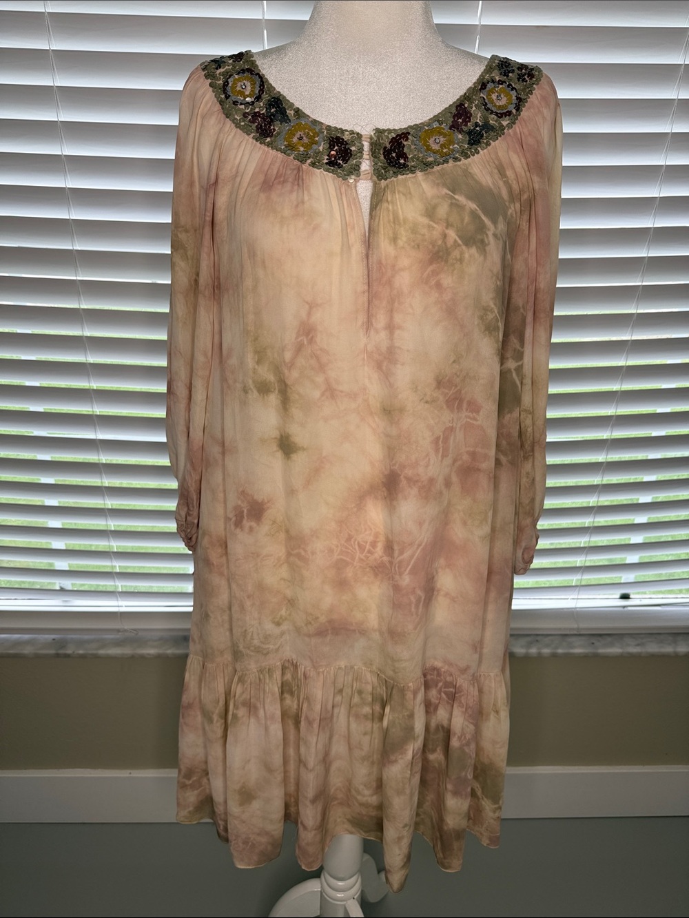 Boho Tie-Dye Peasant Dress with Embellished Collar